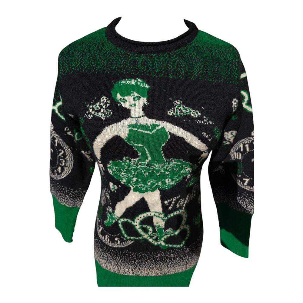 Vintage Taplis Ballerina Sweater - Green and Black with Rhinestones